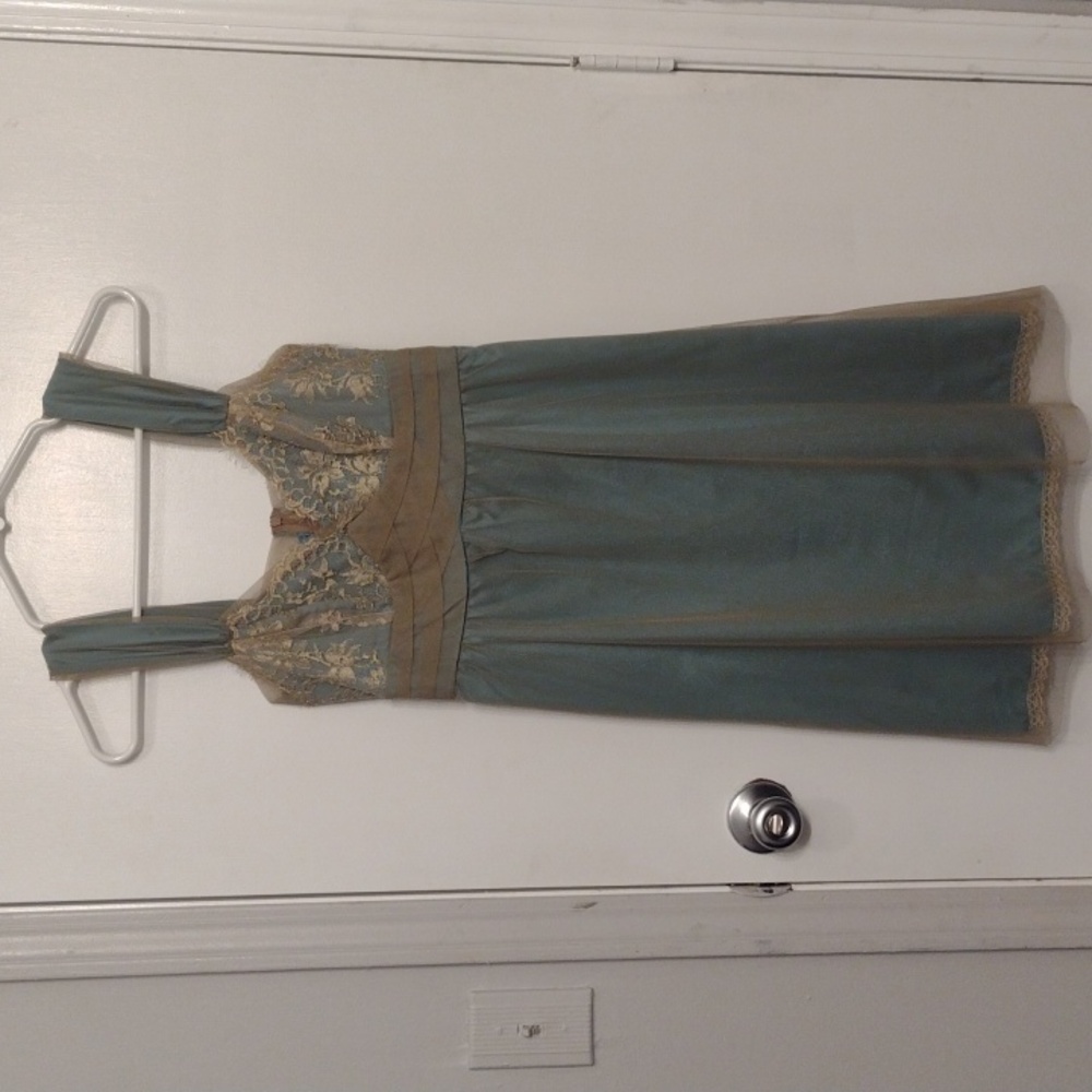NEW Anthropologie Left of Center Blue Slip Dress Gold Lace Dress Size 0